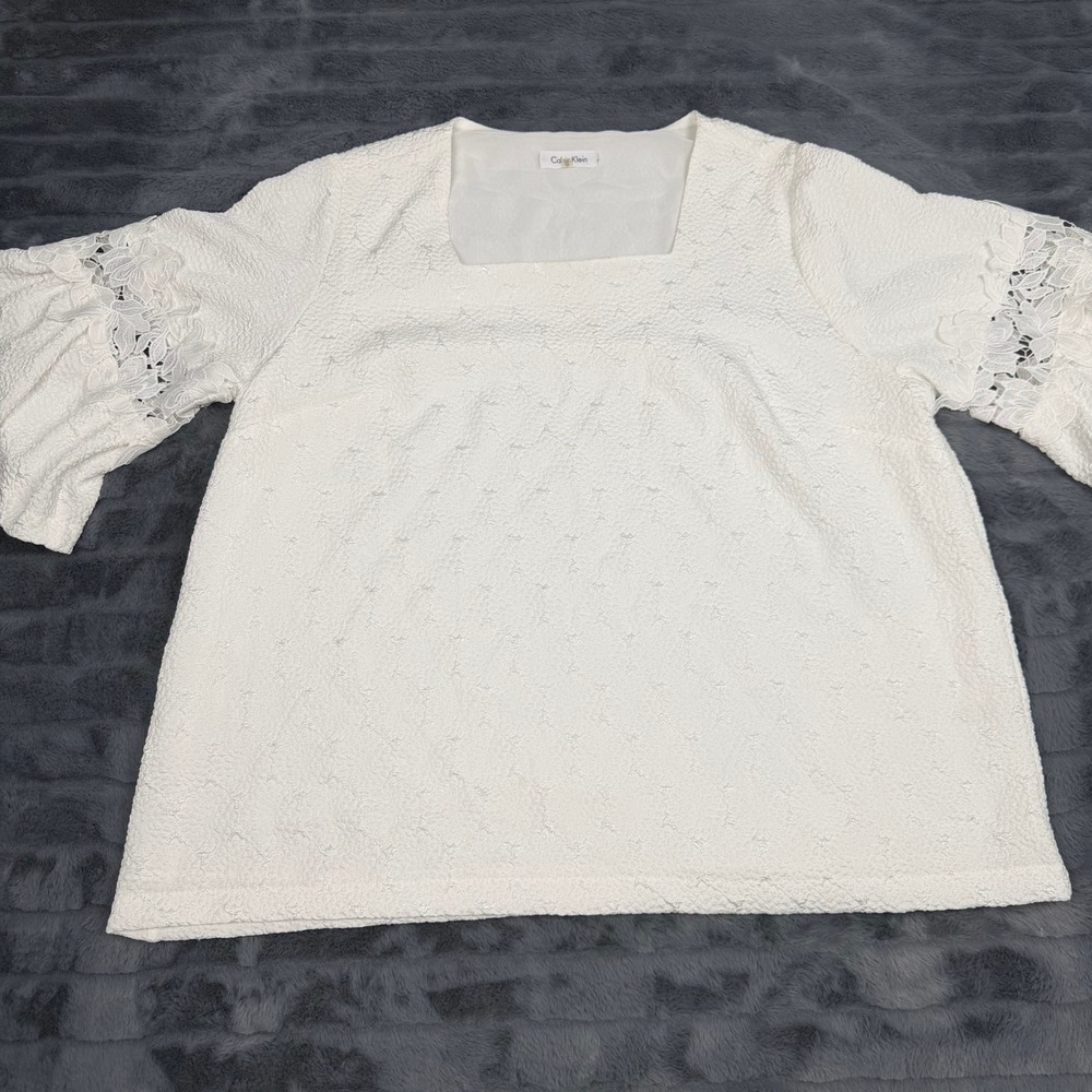Calvin Klein Womens 2X White Textured Lace Bell Sleeve Square Neck Blouse 15361